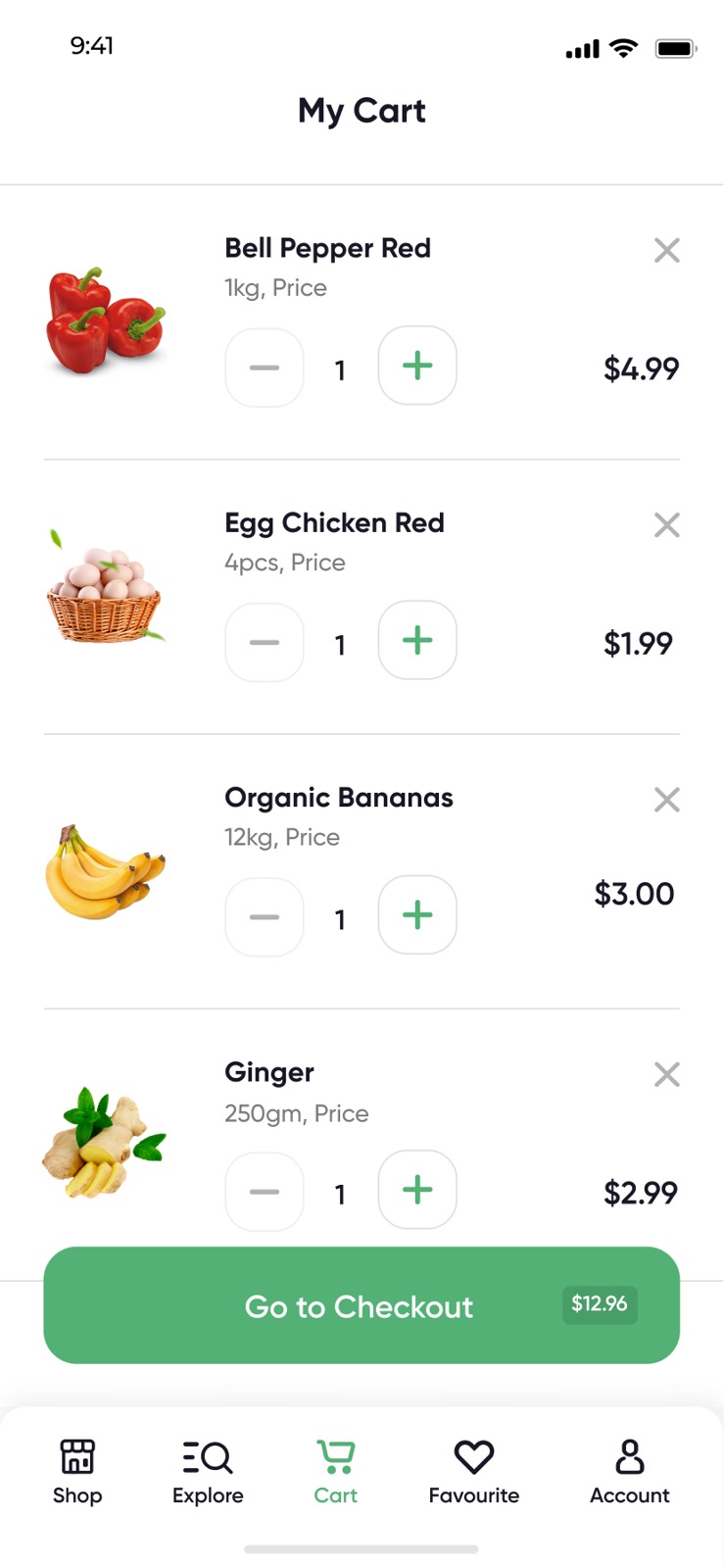 A white mobile shopping cart listing produce with quantities and a green checkout button
