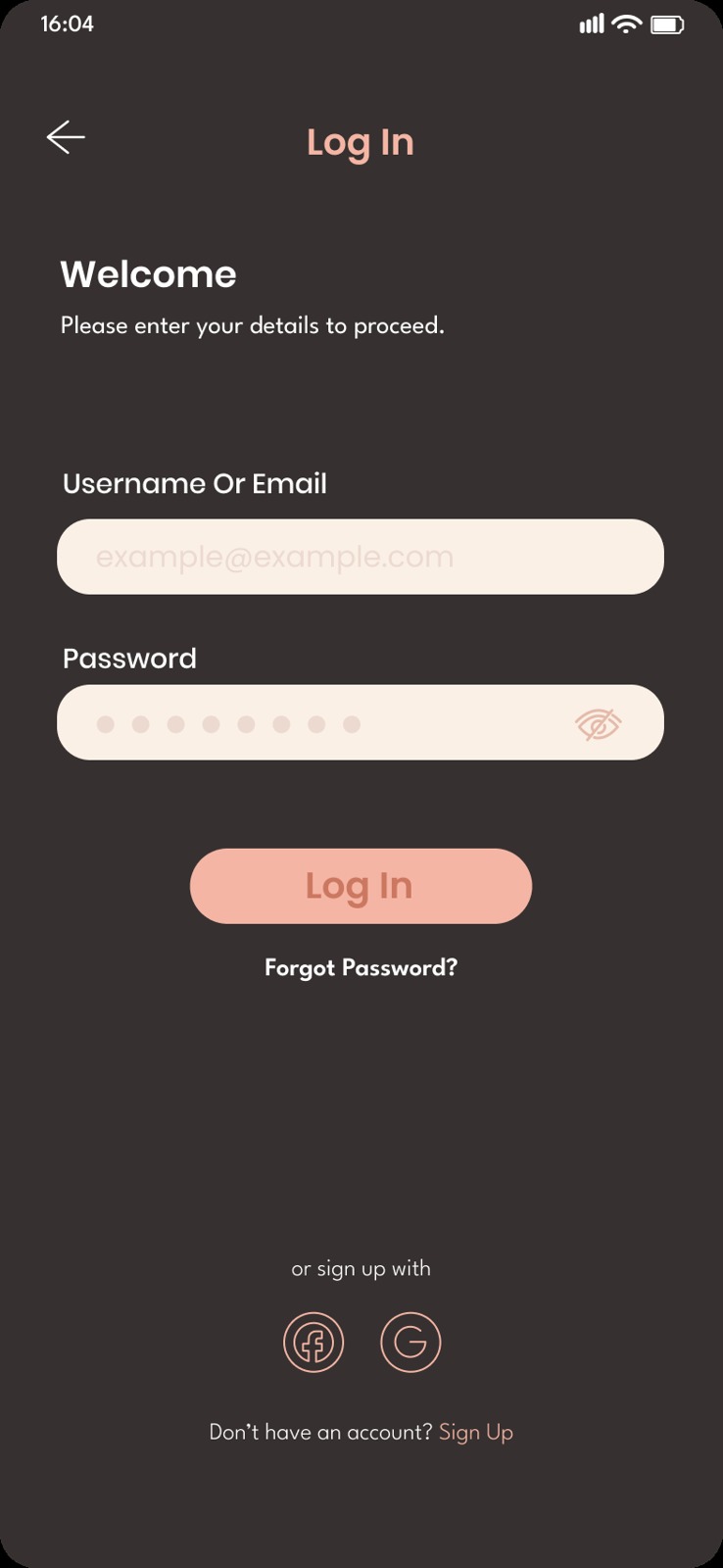 A dark-mode mobile login screen with brown and coral accents