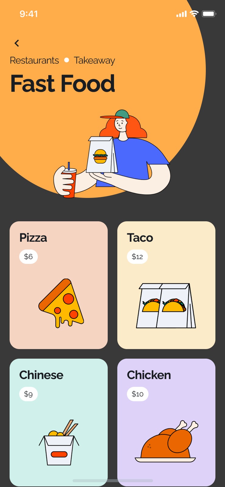 An orange food delivery menu with an illustrated courier and pastel category cards for pizza, tacos, Chinese and chicken