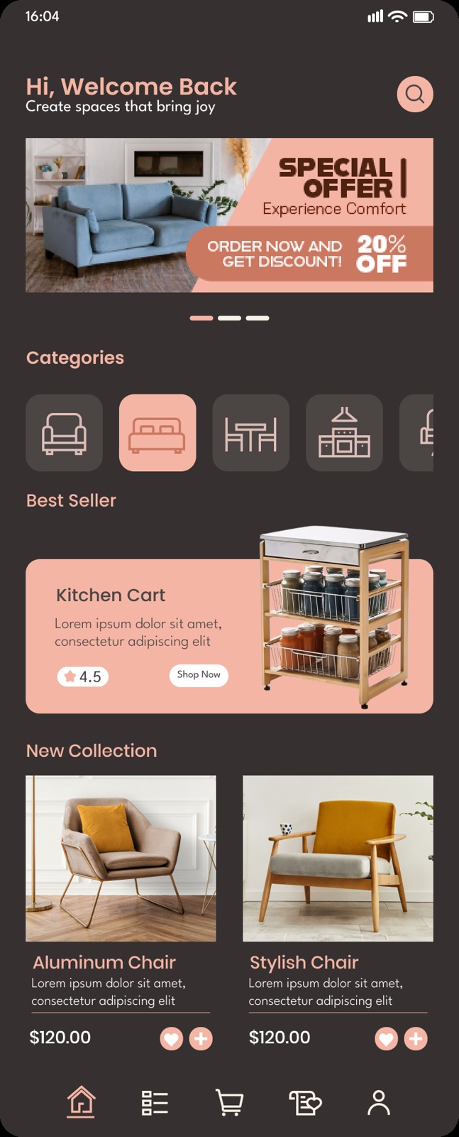 The dark-mode home screen of the same furniture store app